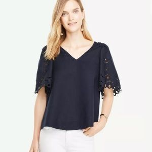 Ann Taylor Embroidered Puff Flutter Sleeve Top XS
